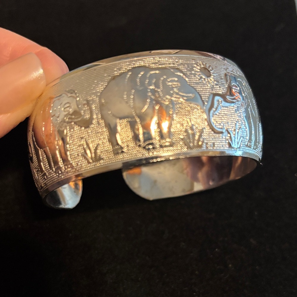 Silver Elephant Engraved Cuff Bracelet